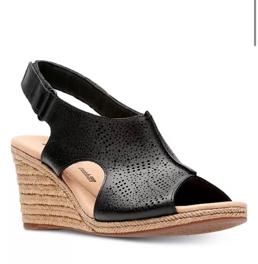 Clarks Lafley Black Leather Wedge Sandals Comfort Slingback Open Toe WMNS 10M